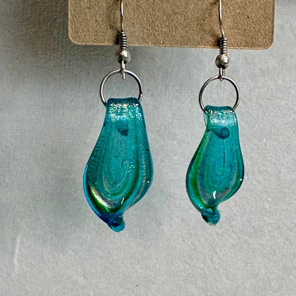 Blue/green dichroic glass pendant earrings